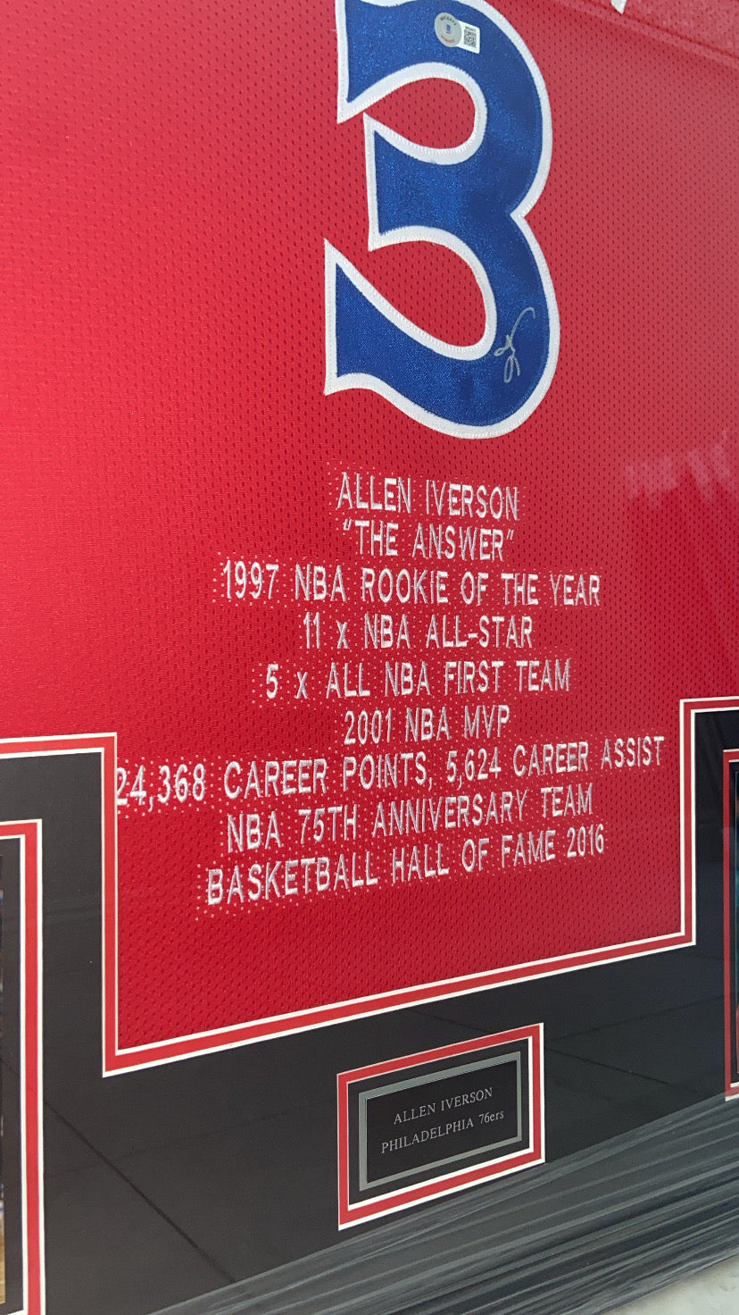 Allen Iverson Philadelphia 76ers Autographed Framed Jersey Authenticated by Beckett