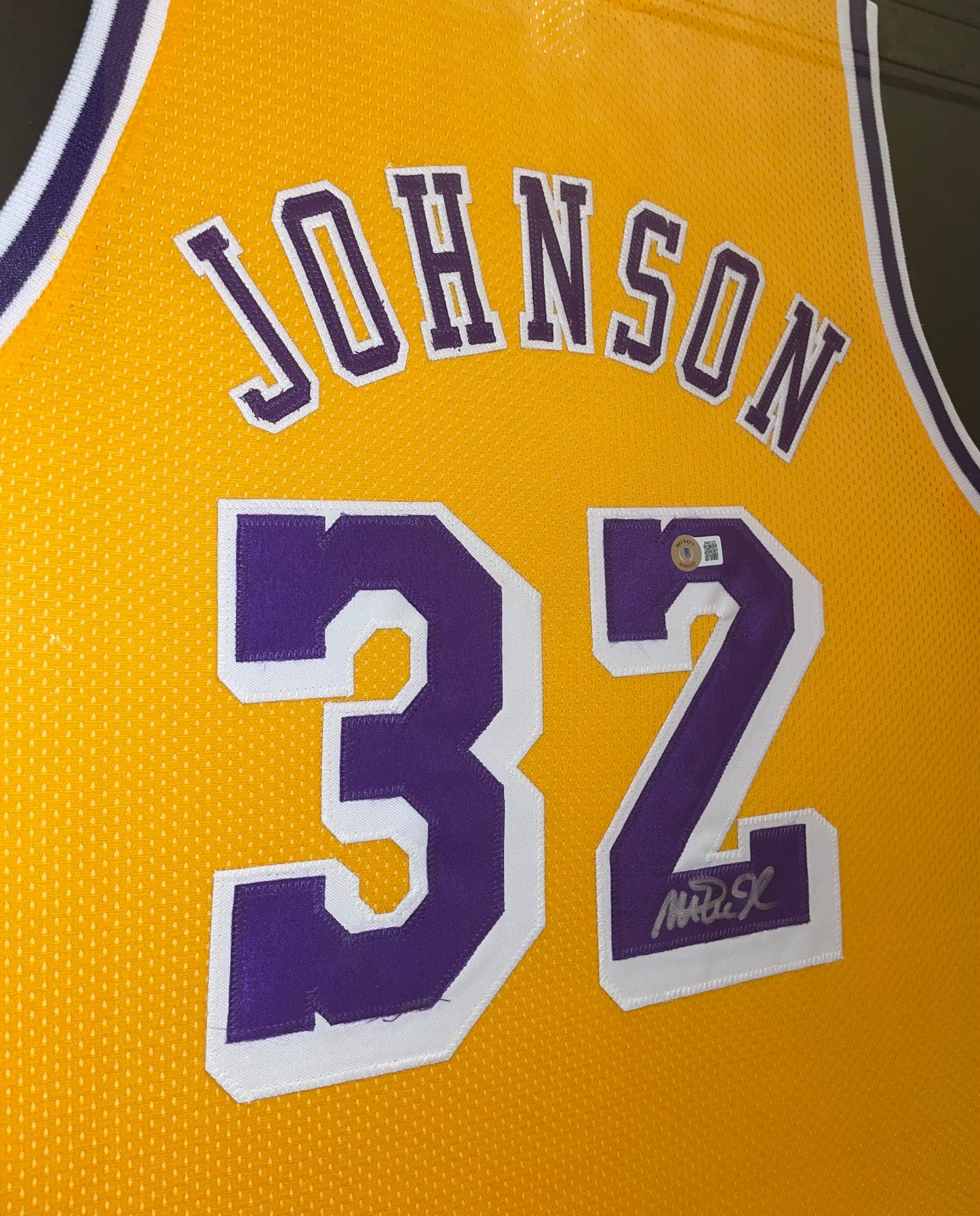 Magic Johnson Autographed Framed Lakers Jersey Authenticated by Beckett