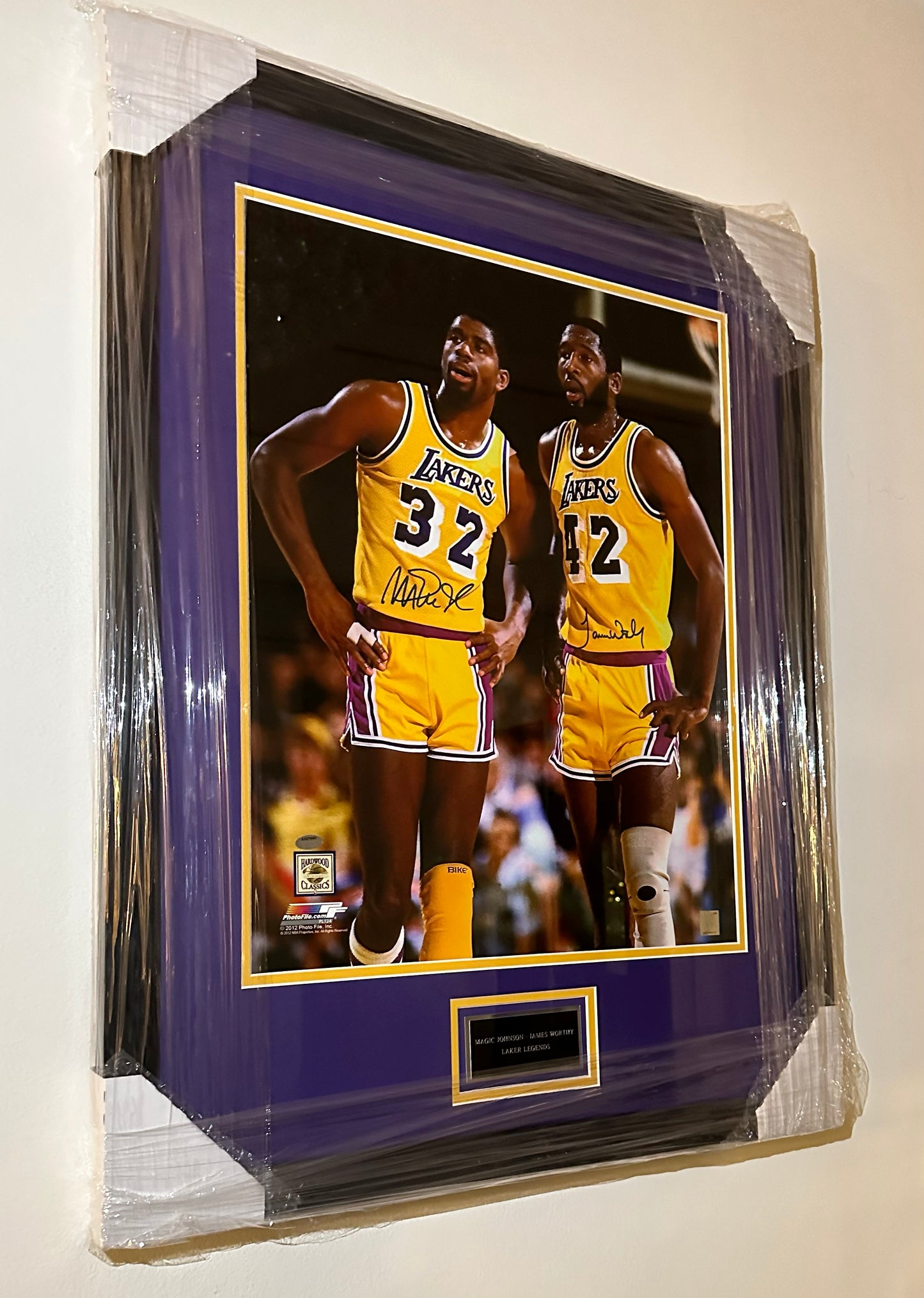 James Worthy & Magic Johnson Dual Signed Lakers Framed Photograph Authenticated by Shorts
