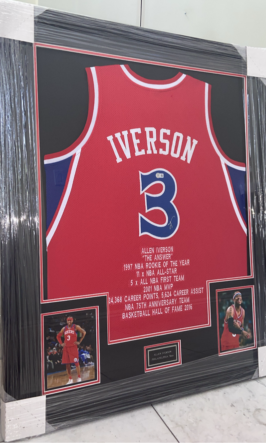 Allen Iverson Philadelphia 76ers Autographed Framed Jersey Authenticated by Beckett