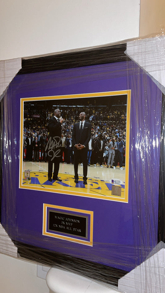 Kobe Bryant Retirement Jersey Framed Photo with Magic Johnson Autograph Authenticated by Beckett