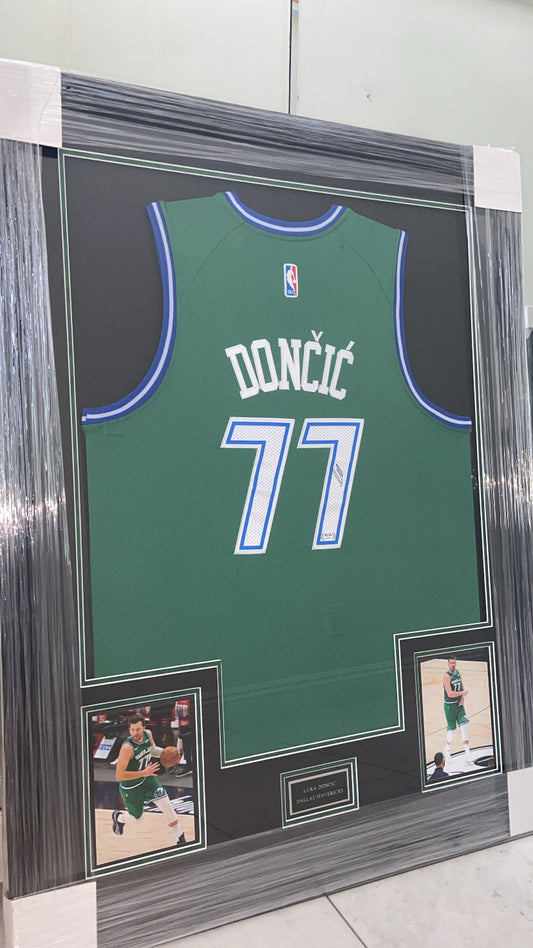 Luka Doncic Dallas Mavericks Autographed Framed Jersey Authenticated by PSA