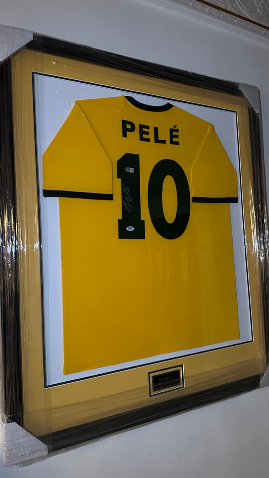 Pele Brazil Autographed Framed Jersey Authenticated By Beckett & PSA