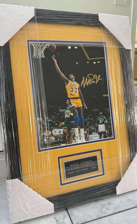 Magic Johnson Layup against Dallas Autographed Framed Photo Authenticated by Beckett