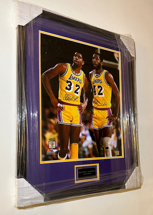 James Worthy & Magic Johnson Dual Signed Lakers Framed Photograph Authenticated by Shorts
