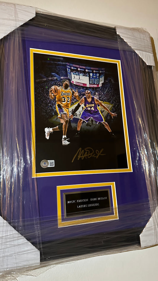 Lakers Magic Johnson Autographed Framed Kobe Collage Photo Authenticated by Beckett