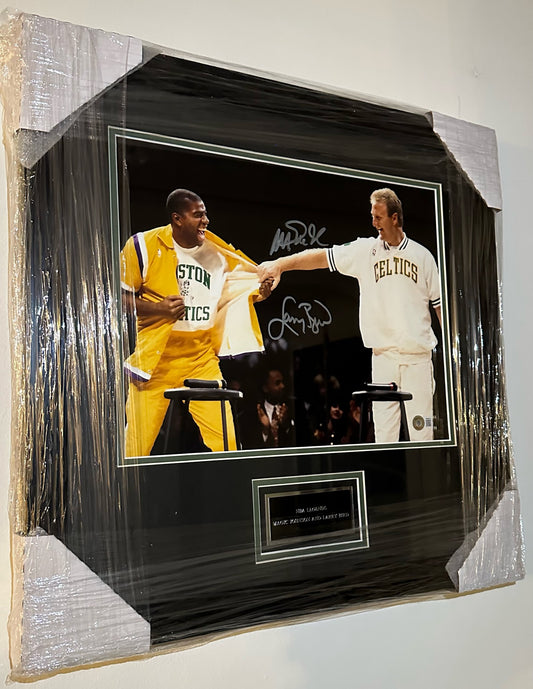 Larry Bird & Magic Johnson Dual Autographed Framed Photograph Authenticated by Beckett